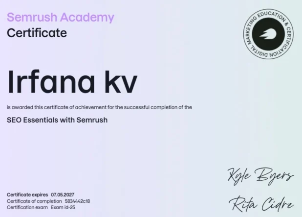 SEMrush certificate of freelance digital marketer in abudabi uae